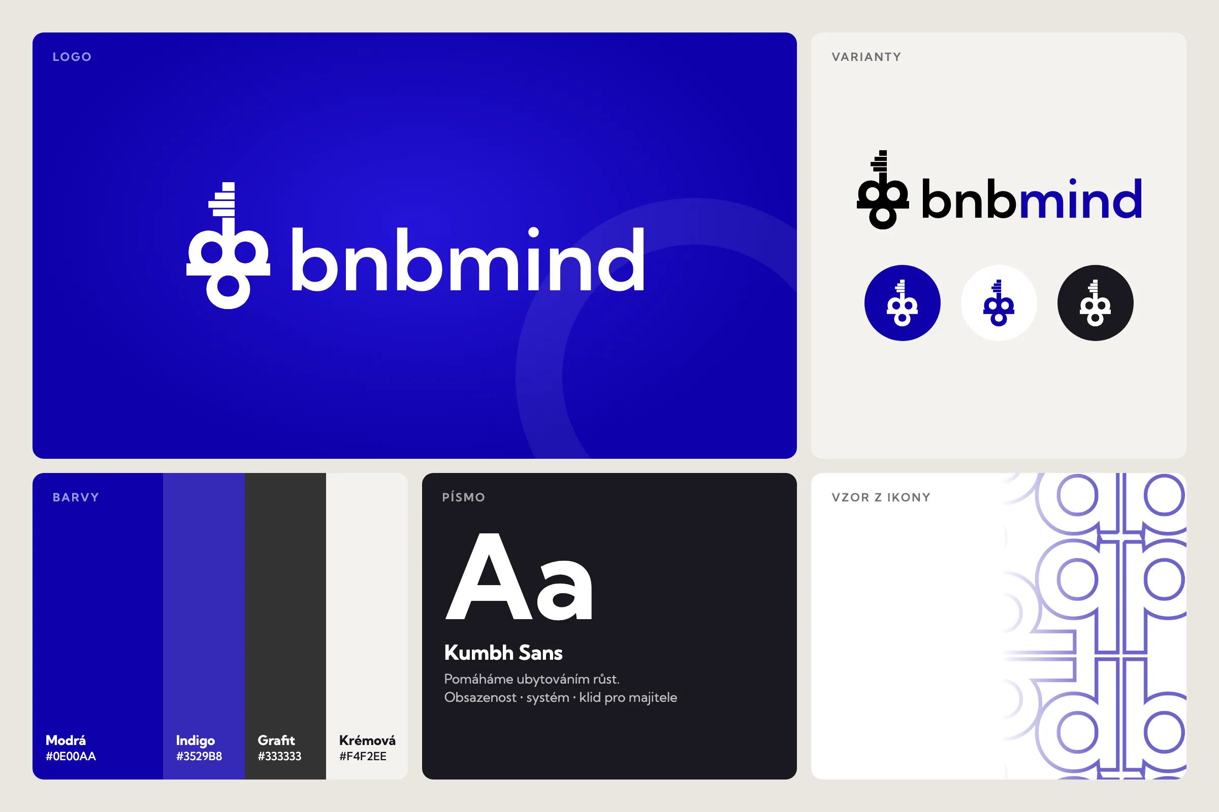 Vizuální identita BnBMind: logo, varianty ikony, barvy, písmo a vzor
