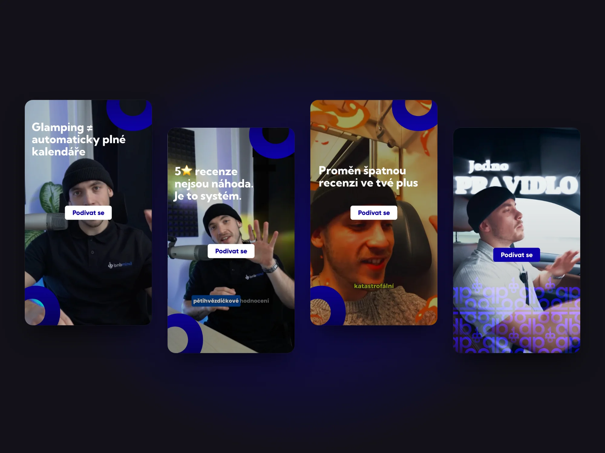 Čtyři obaly Reels: Glamping není automaticky plné kalendáře, 5 hvězd recenze nejsou náhoda, Proměň špatnou recenzi ve tvé plus a Jedno pravidlo