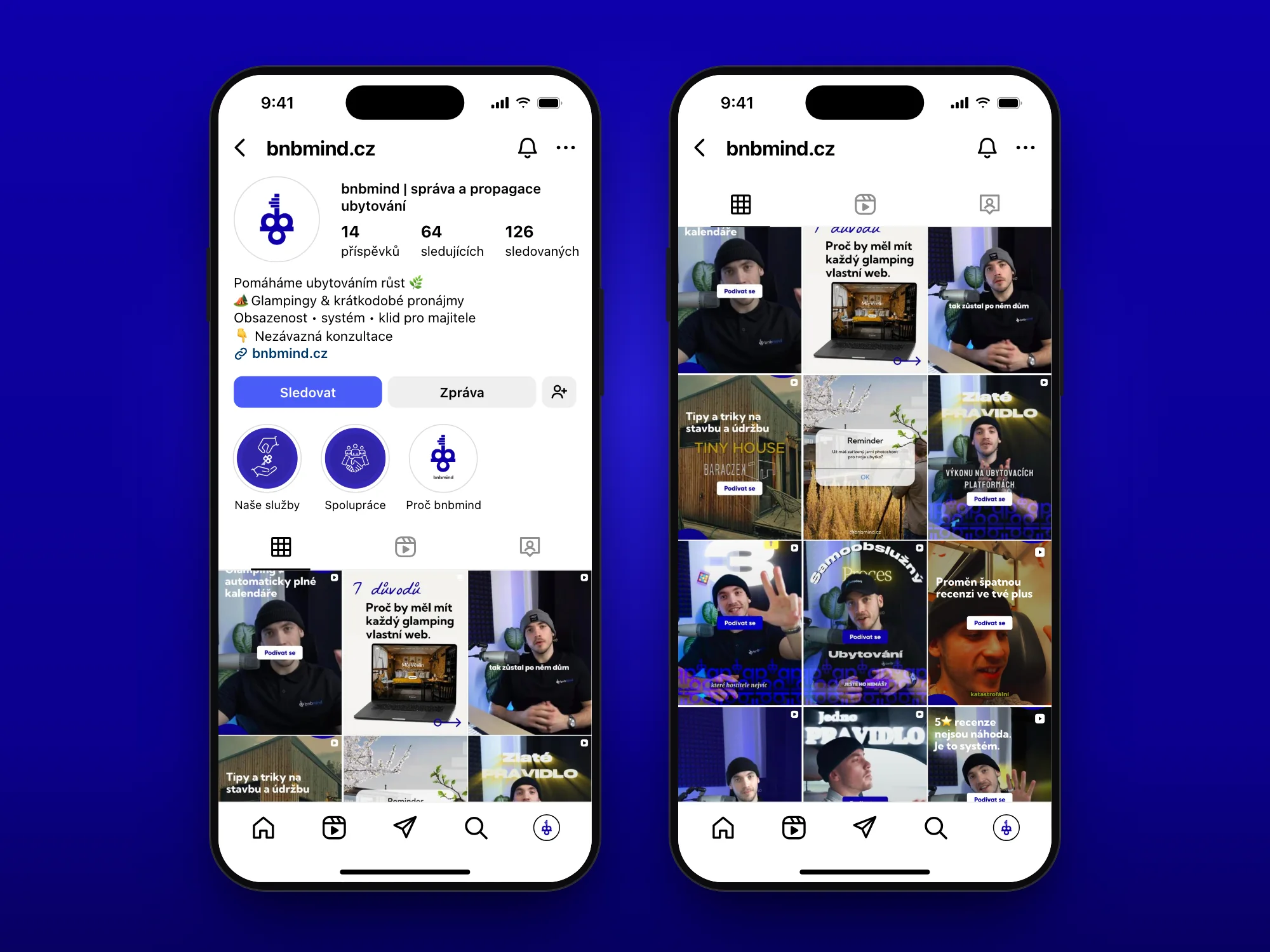 Dva telefony s instagramovým profilem BnBMind: bio, highlights a mřížka obalů Reels