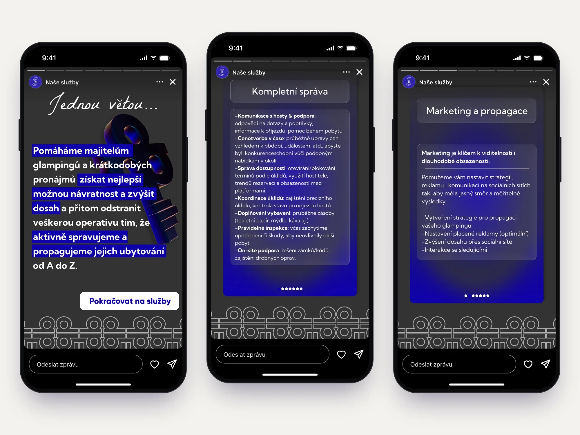 Tři telefony se Stories z highlightu Naše služby: Jednou větou, Kompletní správa a Marketing a propagace
