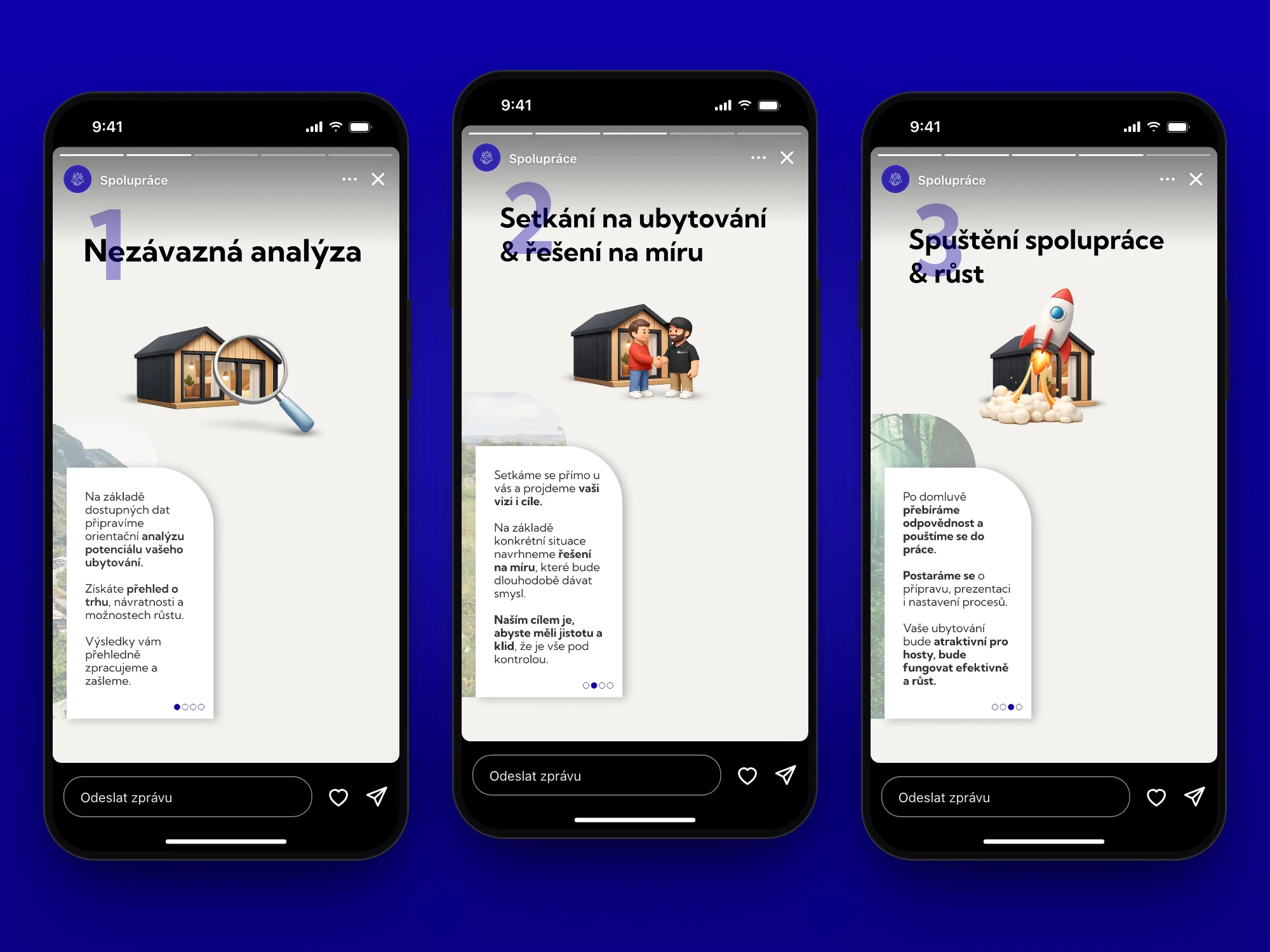 Tři telefony se Stories z highlightu Spolupráce: Nezávazná analýza, Setkání na ubytování a Spuštění spolupráce s 3D ilustracemi