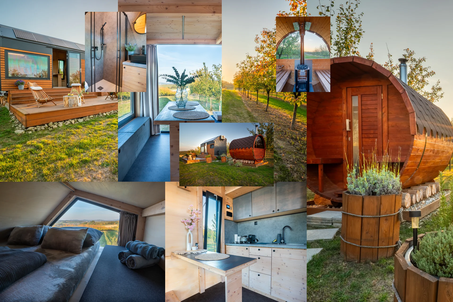 Koláž fotografií Glampidolu: tiny house v sadu při západu slunce, sudová sauna, interiér, koupelna, kuchyň a ložnice
