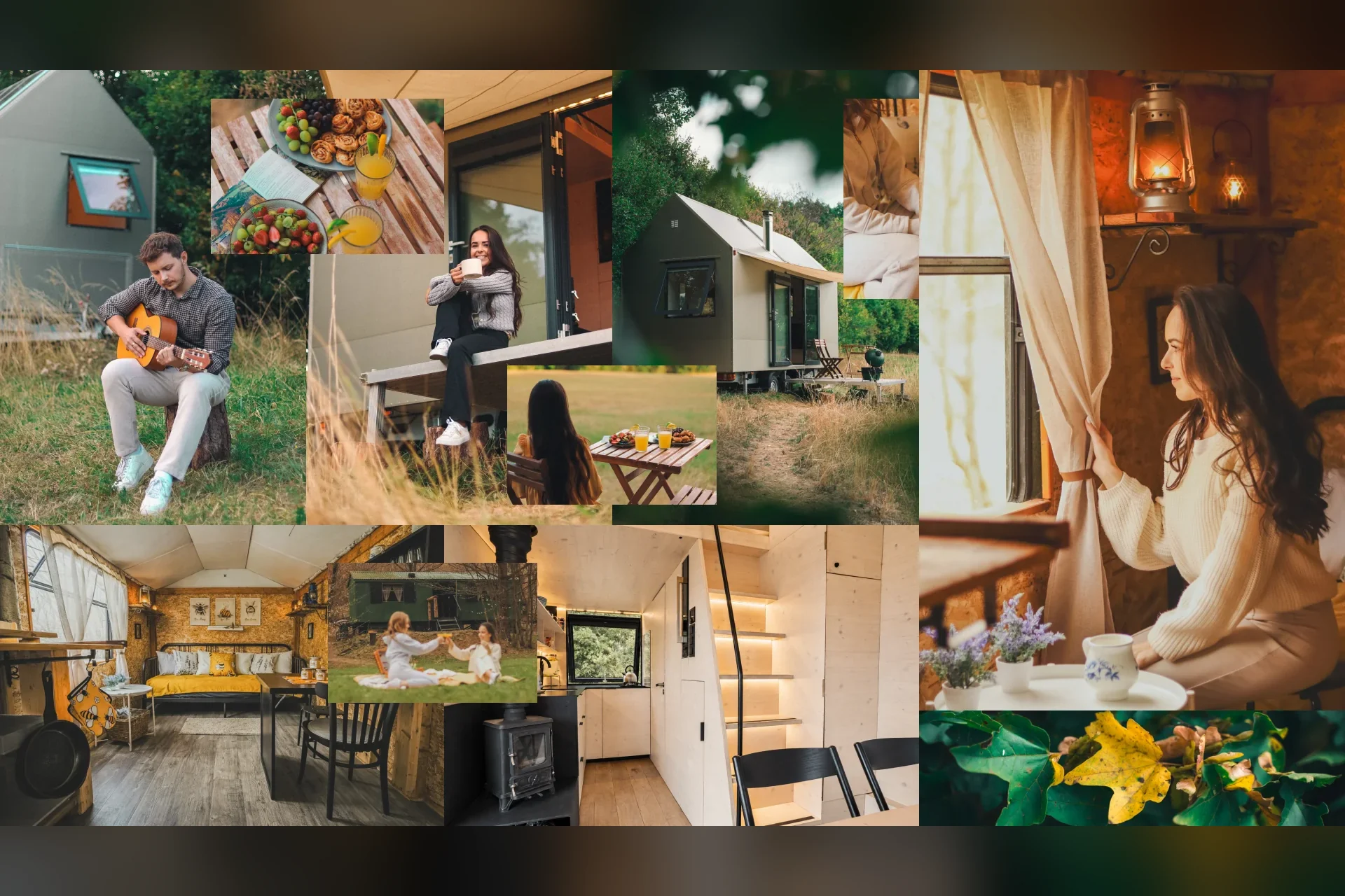 Koláž fotografií z glampingu: tiny house v přírodě, interiéry, snídaně venku a hosté při odpočinku