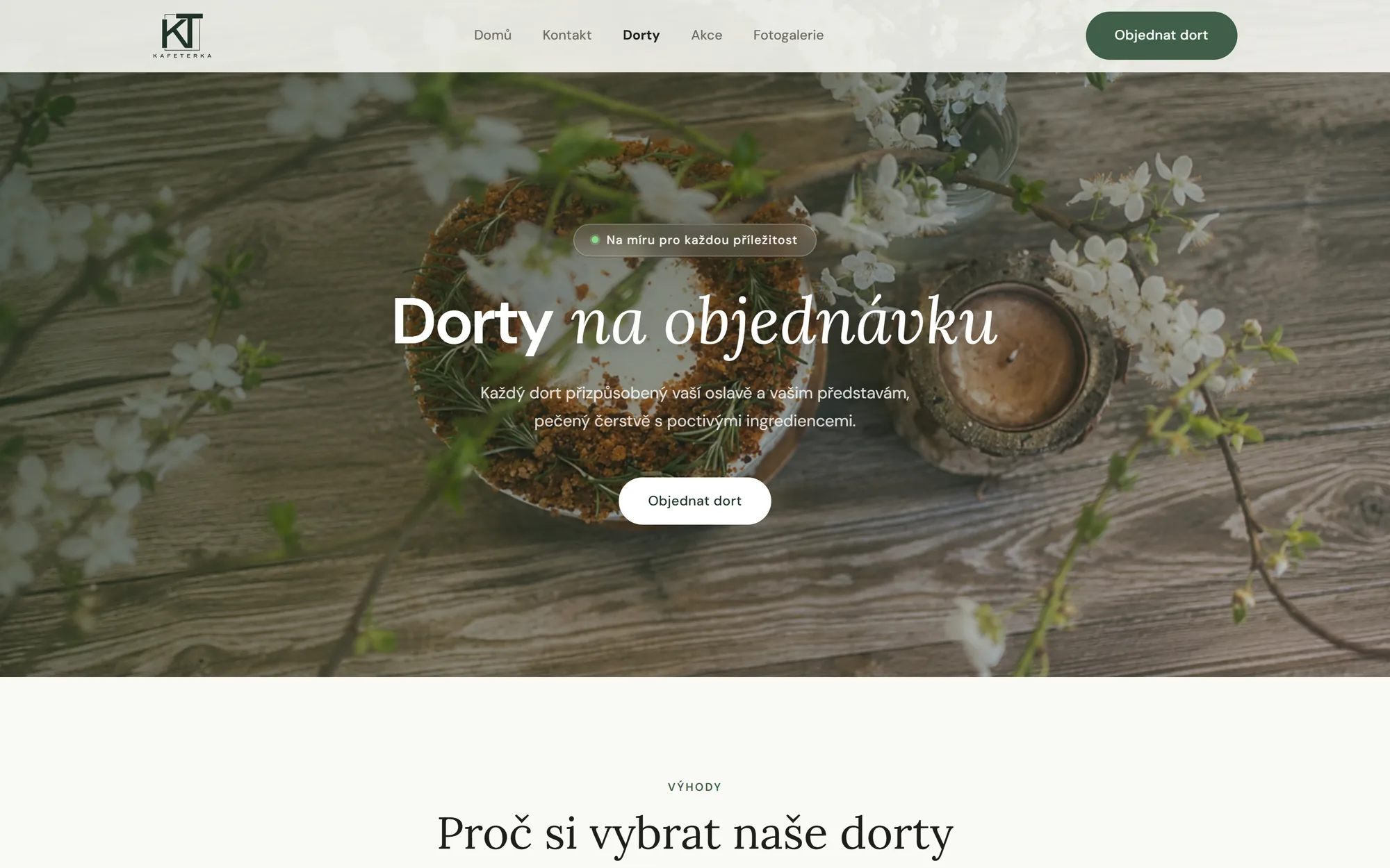 Stránka Dorty na objednávku s fotkou dortu a tlačítkem Objednat dort