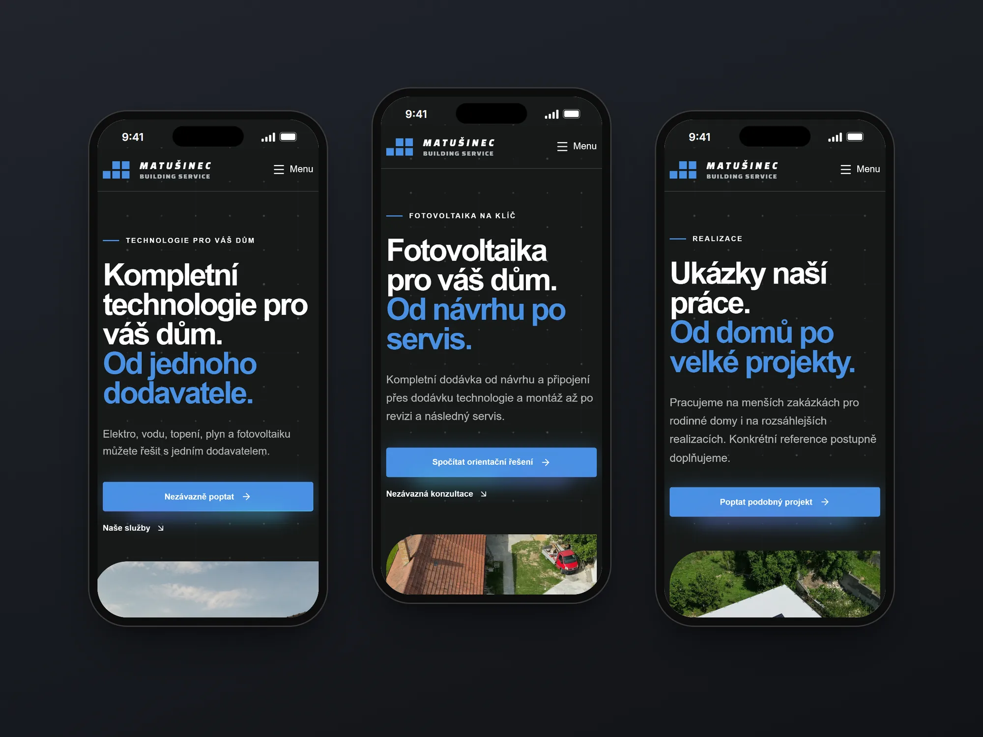 Tři telefony s webem Matušinec: úvod, fotovoltaika a realizace