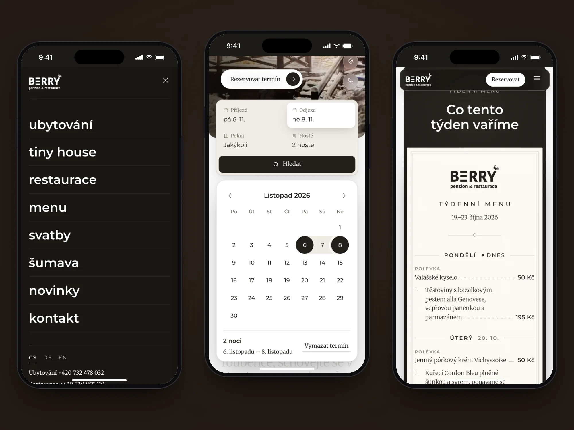 Tři telefony s mobilním webem: otevřené menu přes celou obrazovku, kalendář s vybraným termínem 6.–8. listopadu a týdenní menu