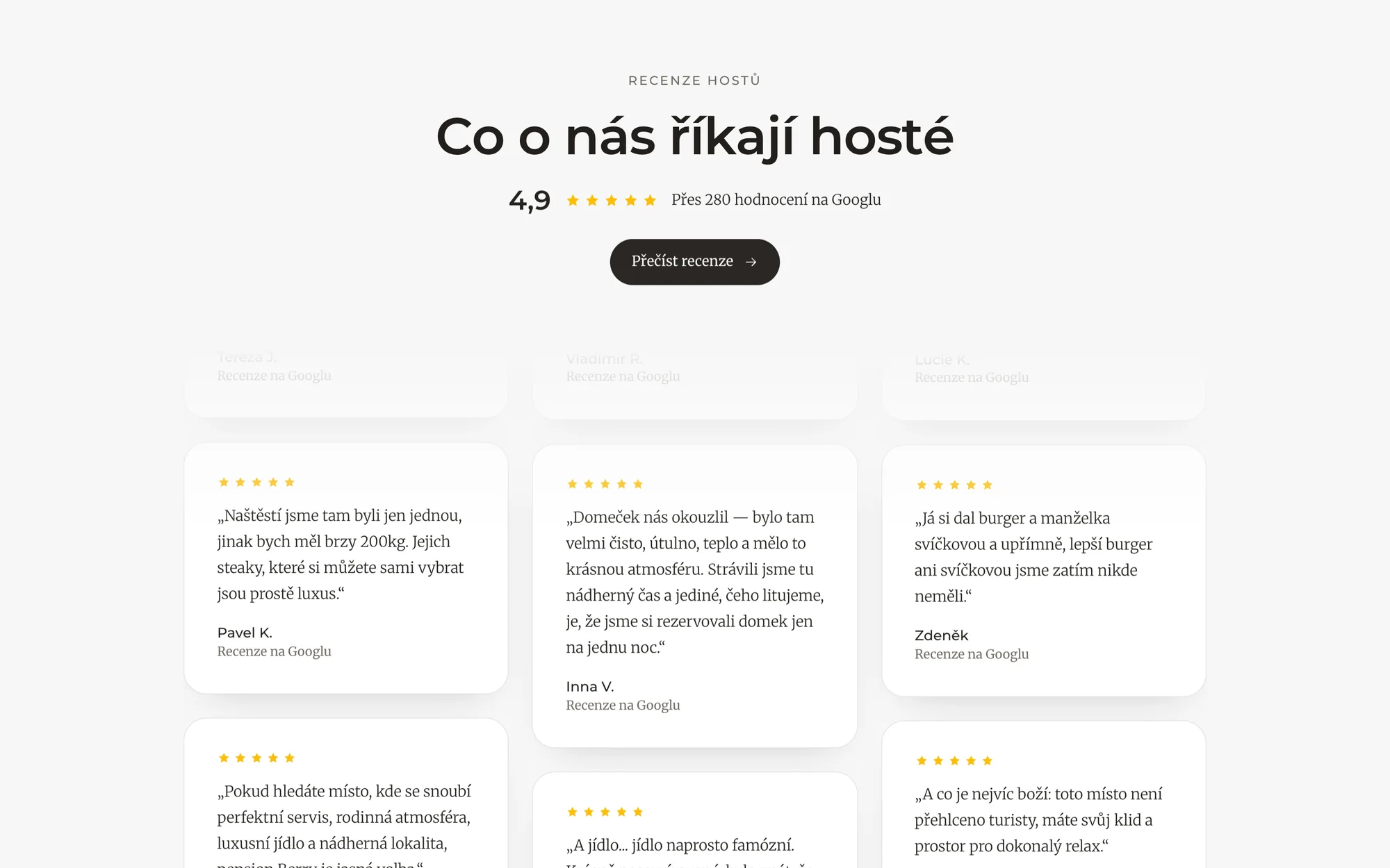 Sekce Co o nás říkají hosté: hodnocení 4,9 z přes 280 recenzí na Googlu a karty s citacemi hostů