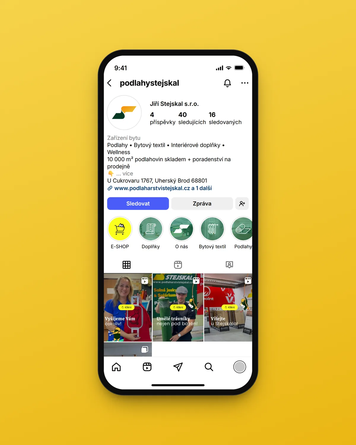 Profil @podlahystejskal na telefonu: logo, obaly highlights E-SHOP, Doplňky, O nás, Bytový textil a Podlahy a obaly Reels