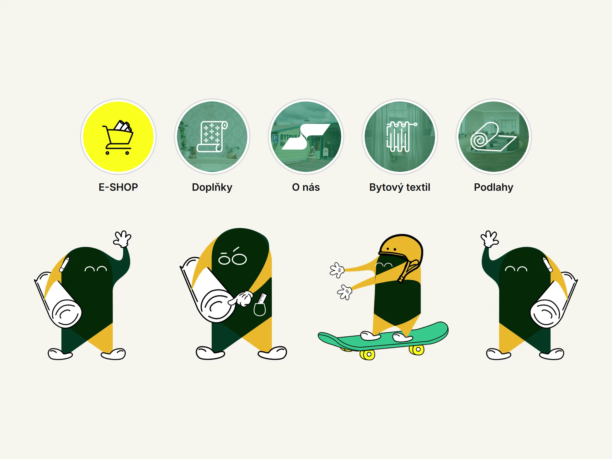 Pět obalů highlights (E-SHOP, Doplňky, O nás, Bytový textil, Podlahy) a čtyři pózy maskota v zelené a žluté