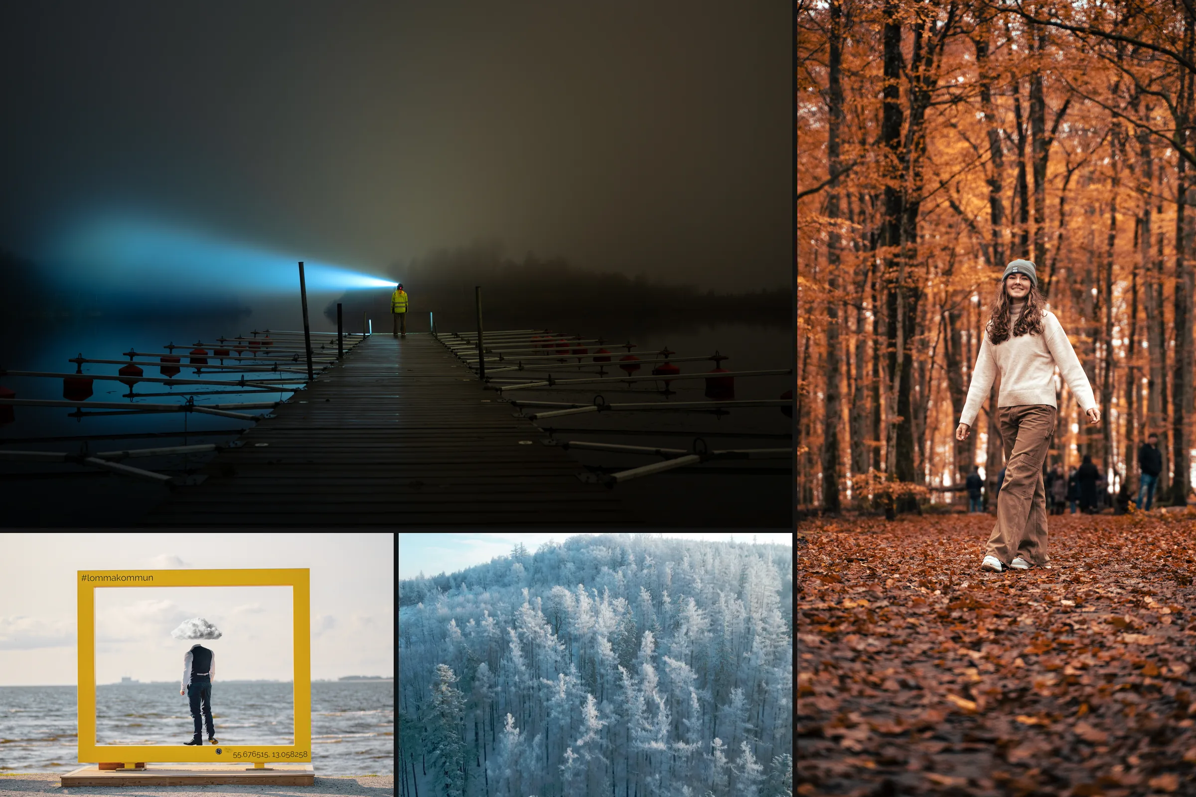 Koláž: postava s čelovkou na molu v mlze, fotomontáž s hlavou v oblacích ve žlutém rámu, zamrzlý les z dronu a dívka v podzimním lese
